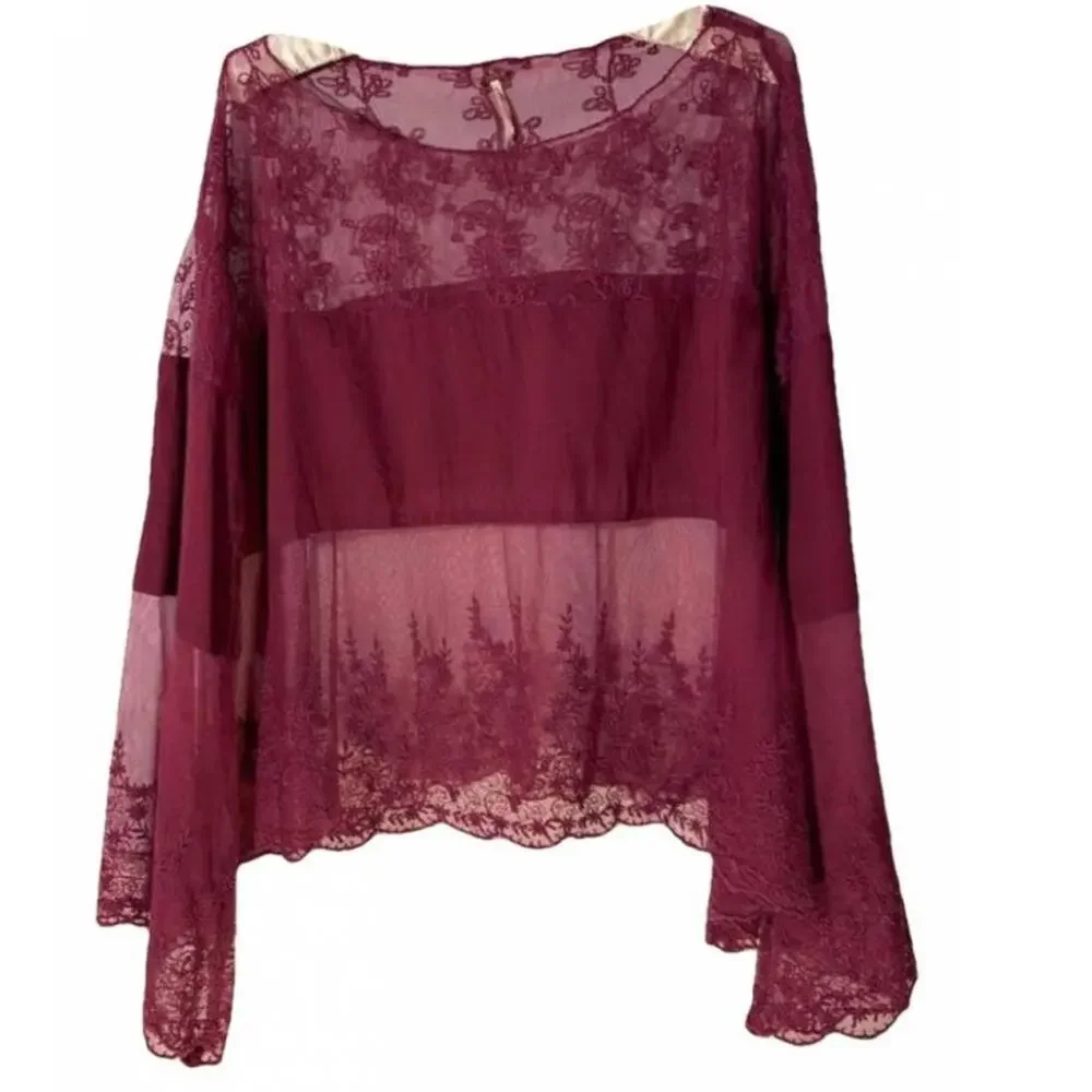 FREE PEOPLE Maroon Red Sheer Lace Mesh Long Bell Sleeve Crop Top Blouse Shirt M